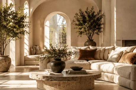A sunlit living room with layered antique vases and a linen sofa